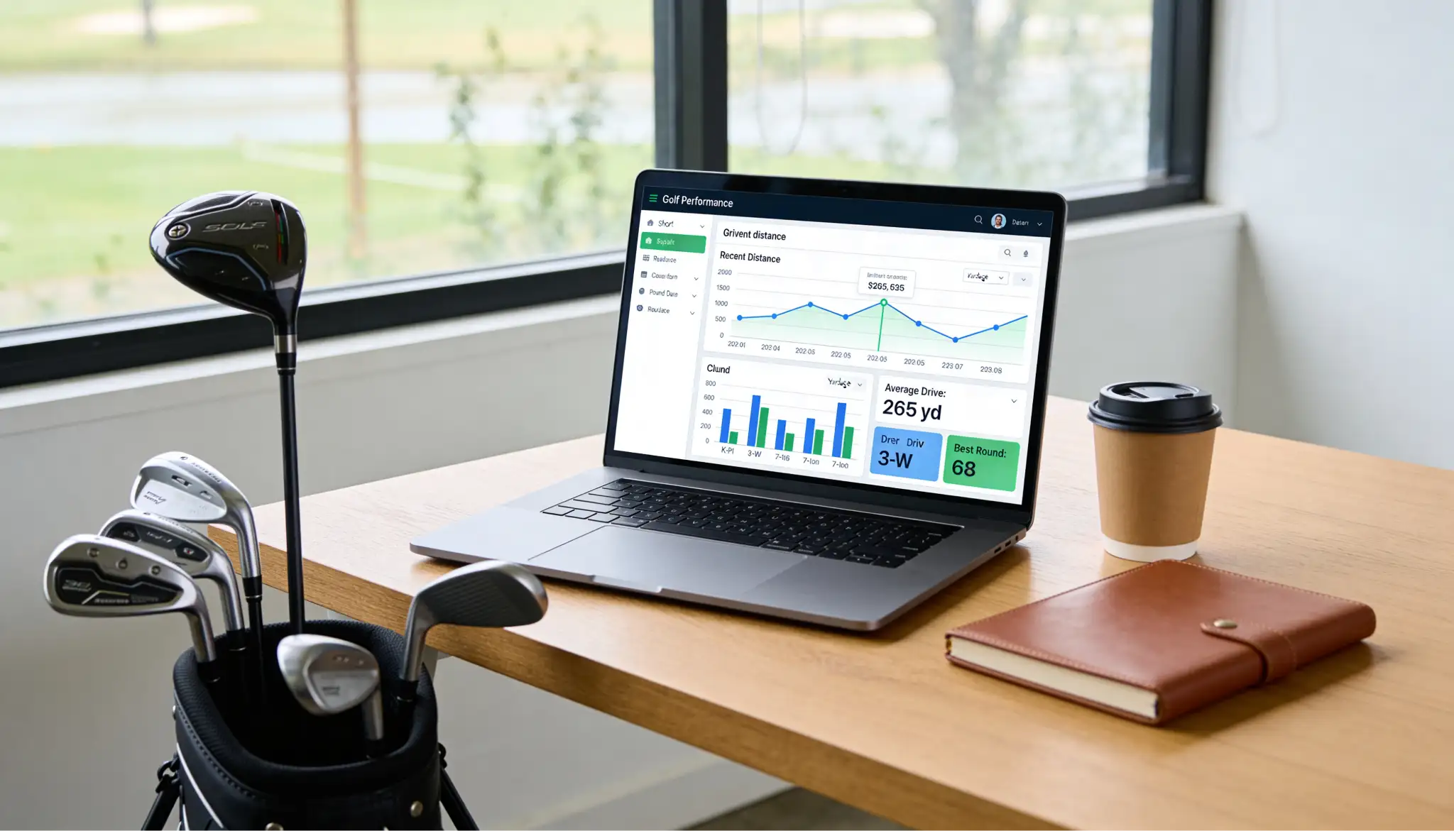 Laptop med golfstatistik på skärmen bredvid golfklubbor på ett skrivbord