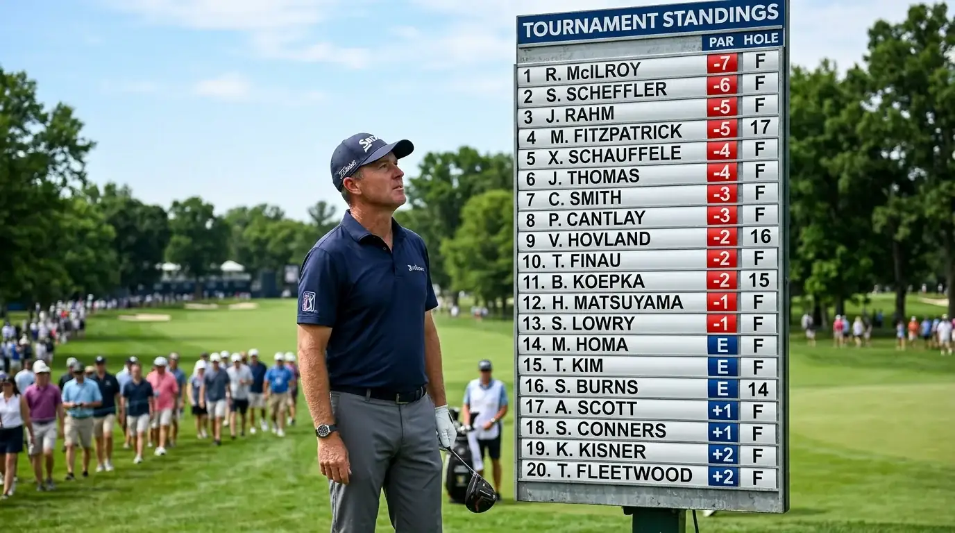 Golfspelare studerar scoreboard med turneringsställning på en golfbana