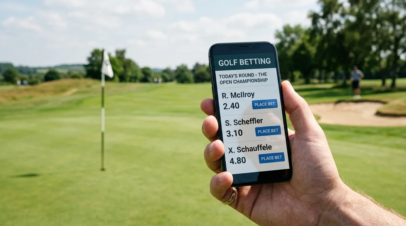 Mobiltelefon som hålls upp med golfbana i bakgrunden