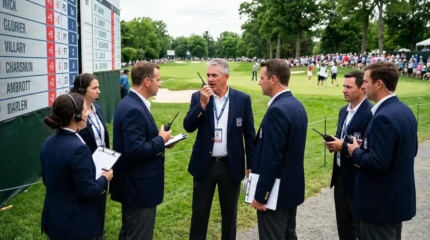 Golfdomare och funktionärer vid en PGA Tour-turnering med scoreboard