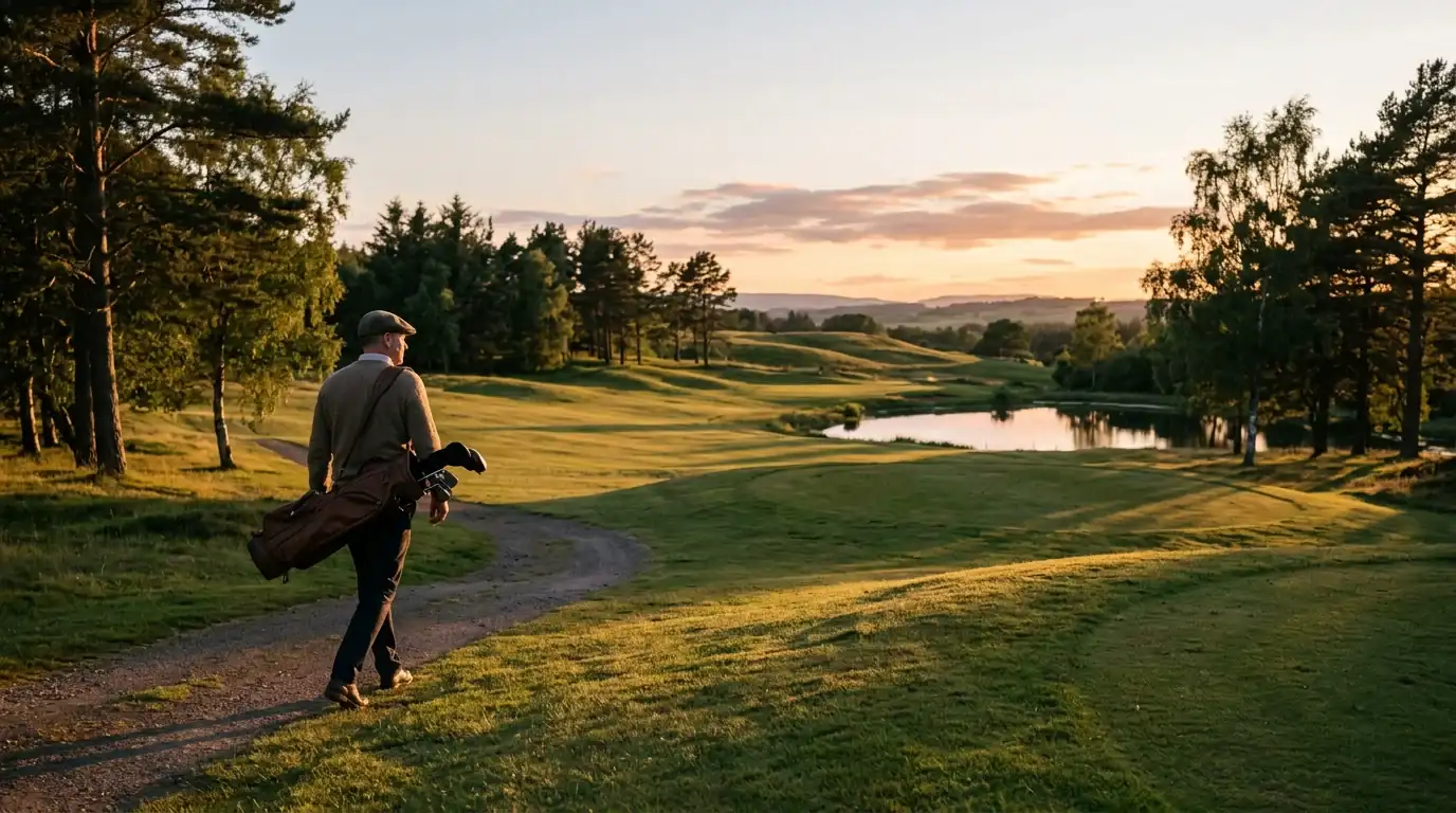 Golfspelare tar en lugn promenad på en golfbana i kvällsljus