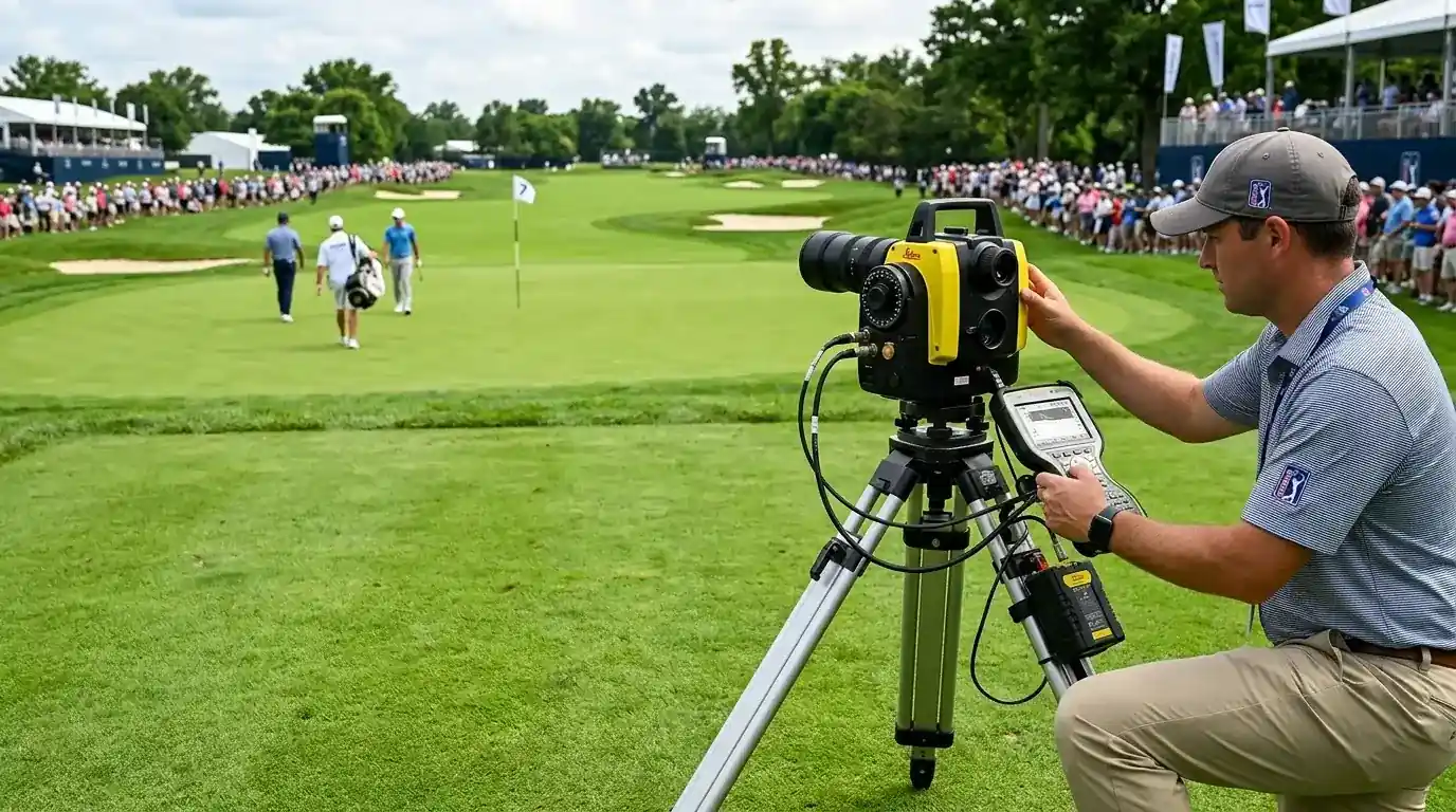 Lasermätningsutrustning på en golfbana under en PGA Tour-turnering