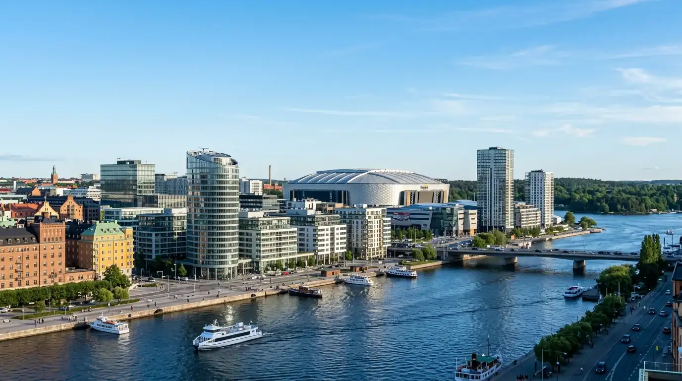 Svensk stadsbild med moderna byggnader och sportarena i bakgrunden